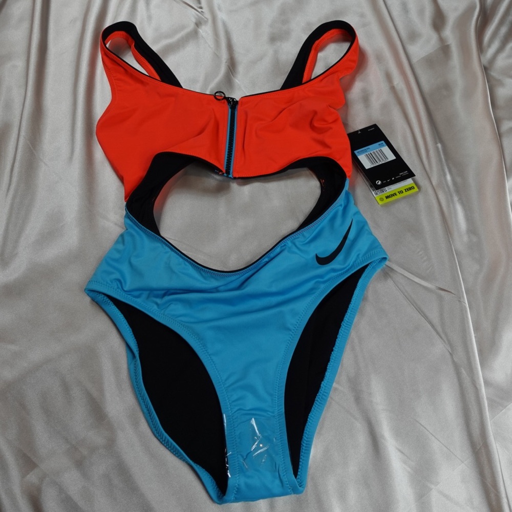 NIKE SWIMMING BLOCK CUT OUT SWIMSUIT RED AND TEAL